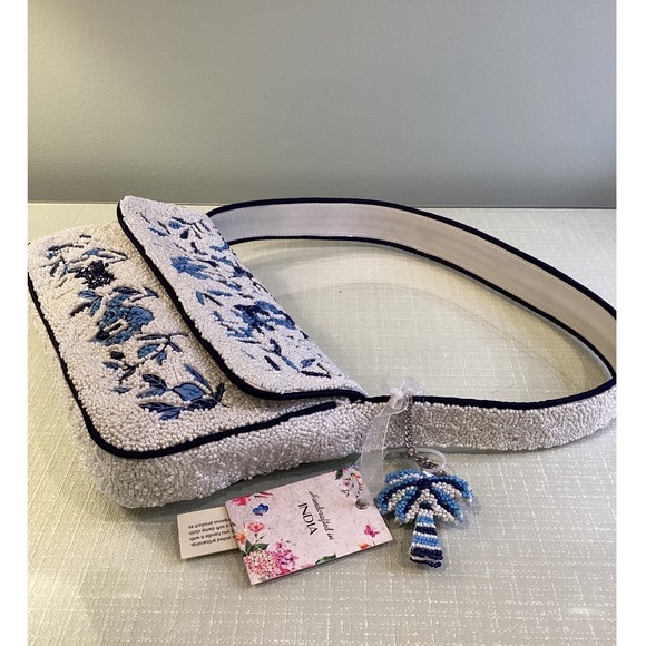 Tik Tok Viral Beaded Bag Purse TJ Maxx - Blue White Palm Trees + Charm NWT - Picture 4 of 7